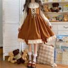 Long-sleeve Striped Lace Trim Midi A-line Dress