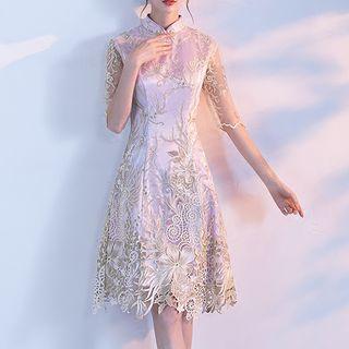 Short-sleeve Stand-collar Cocktail Dress