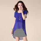 Set: Short-sleeve Chiffon Blouse + Strappy Striped Dress