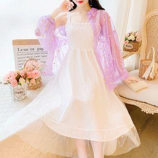 Set: Long-sleeve Floral Print Sheer Shirt + Spaghetti Strap A-line Midi Dress