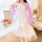Set: Long-sleeve Floral Print Sheer Shirt + Spaghetti Strap A-line Midi Dress