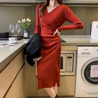 V-neck Drawstring Ruched Midi Sheath Knit Dress