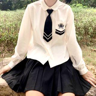 Embroidered Shirt / Blazer / Contrast Trim Tie / Pleated Skirt / Set