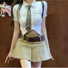Short-sleeve Collar Tie-neck Top / Pleated Mini A-line Skirt