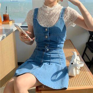 Short-sleeve Lace Top / Denim Camisole Top / Mini A-line Skirt