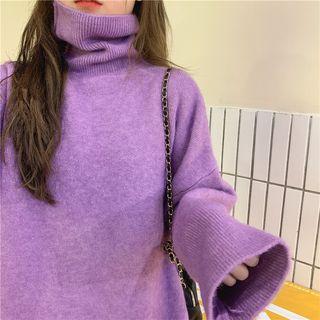 Plain Turtleneck Slit Sweater