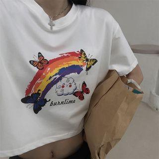 Rainbow & Butterfly Print Short-sleeve Cropped Top