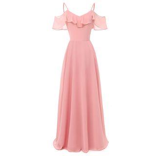 Short-sleeve Cold Shoulder Ruffled Chiffon Maxi Dress