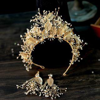 Set: Alloy Leaf Wedding Tiara + Drop Earring Set - Tiara & 1 Pair - Earring - Gold - One Size