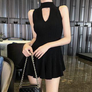 Sleeveless Cut Out A-line Knit Dress Black - One Size