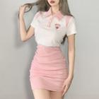 Short-sleeve Heart Embroidered Shirred Polo Bodycon Dress