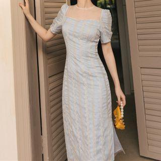 Short-sleeve Square-neck Floral Embroidered Skinny Midi Dress