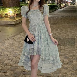 Short-sleeve Tie Dye Asymmetrical A-line Dress