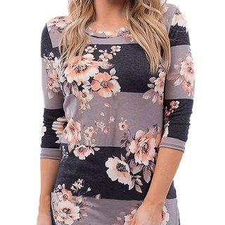 Flower Print 3/4-sleeve T-shirt