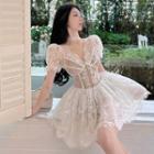 Deep V-neck Puff-sleeve Lace Mini Dress