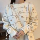 Bear Print Lace Up Sweater Beige - One Size