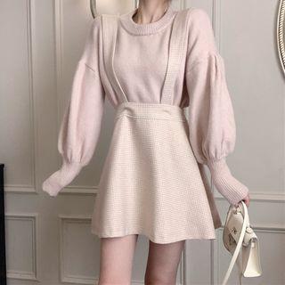 Plain Sweater / Plaid Suspender A-line Skirt