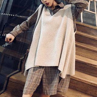 Plaid Shirt Dress / Knit Vest