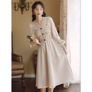 Long-sleeve Embroidered Knit Panel Midi A-line Dress