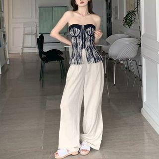 Slit-front Denim Zipper Tube Top / High-waist Wide-leg Pants
