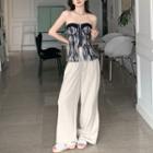 Slit-front Denim Zipper Tube Top / High-waist Wide-leg Pants