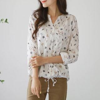 Open-placket Drawstring-waist Floral Shirt