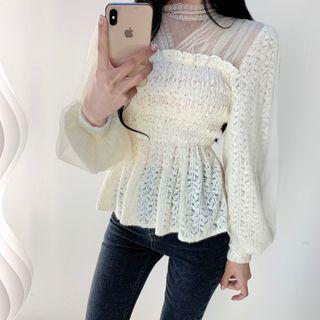Long-sleeve Shirred Peplum Lace Blouse Almond - One Size