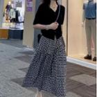 Short-sleeve V-neck Knit Top / Dotted Midi A-line Skirt / Set