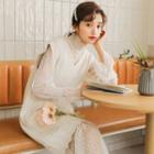 Set: Long-sleeve Polka Dot Mesh Midi Dress + Cable Knit Vest