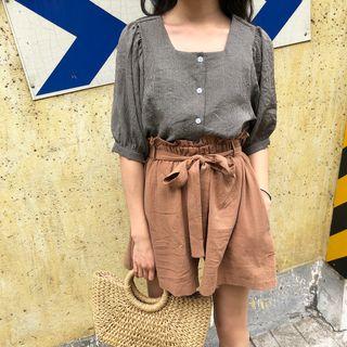 Set: Square-neck Elbow-sleeve Top + High Waist Wide-leg Shorts