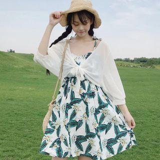 Flower Print Spaghetti-strap Mini A-line Dress / Open-front Chiffon Jacket