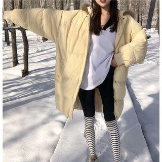 Furry-trim Hooded Padded Coat As Shown In Figure - One Size