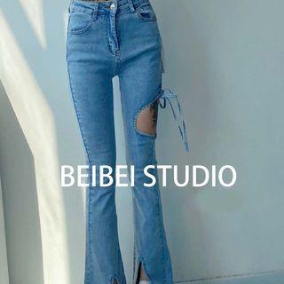 High Waist Slit-hem Cutout Bootcut Jeans