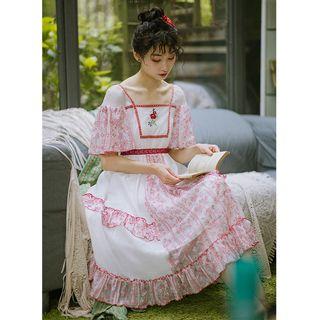 Elbow-sleeve Paneled Embroidered Chiffon A-line Midi Dress