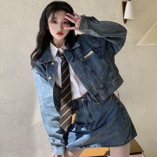 Denim Jacket / Denim Skirt / Plain Shirt / Striped Tie / Set