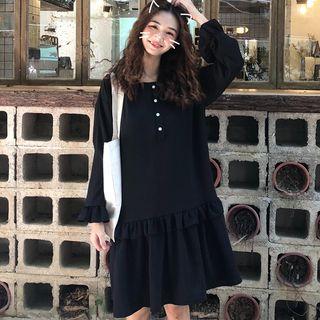 Long-sleeve Placket Frill-trim Dress