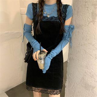 Long-sleeve Cut-out T-shirt / Sleeveless Lace Trim Mini Dress