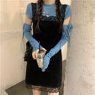 Long-sleeve Cut-out T-shirt / Sleeveless Lace Trim Mini Dress