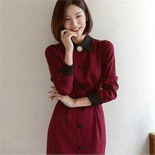 Contrast-trim Buttoned Midi Dress With Brooch & Belt