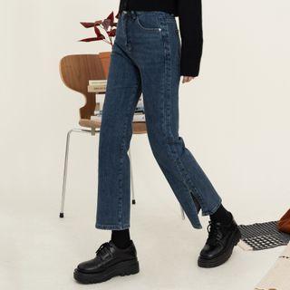 Slit Hem Cropped Straight Leg Jeans