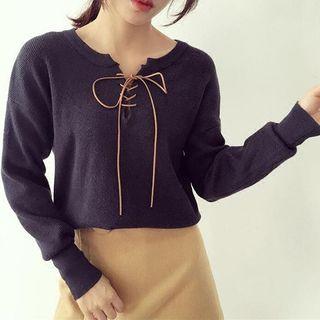 Drawstring Front Long Sleeve Knit T-shirt