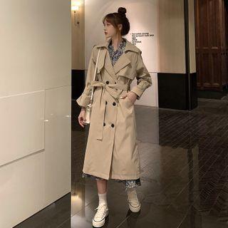 Double Breasted Trench Coat / Floral Long-sleeve Midi A-line Dress