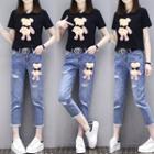 Set: Bear Accent Short Sleeve T-shirt + Cropped Slim Fit Jeans
