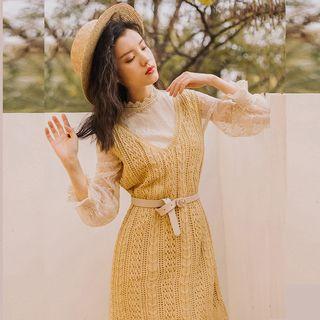 Set: Long-sleeve Lace Midi Dress + Knit Vest