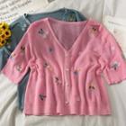 Embroidered Pearl-button Knit Top