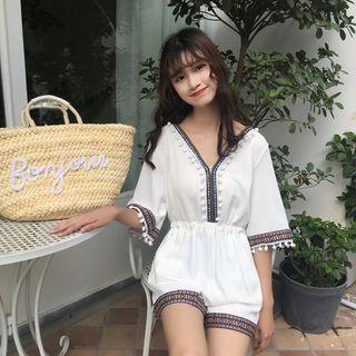 V-neck Pompom-trim Playsuit