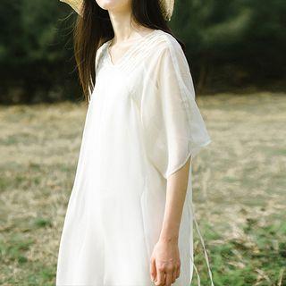 Set: V-neck Elbow-sleeve A-line Midi Dress + Strappy Dress