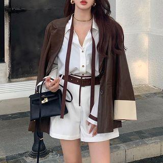 Plain Shirt / Wide-leg Shorts / Notch Lapel Faux Leather Jacket