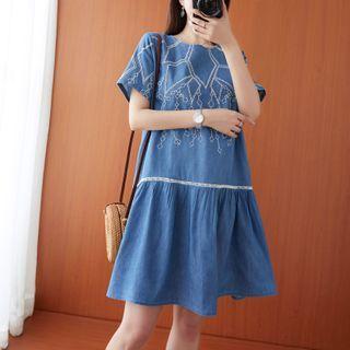 Embroidered Short-sleeve Denim A-line Dress Light Blue - One Size