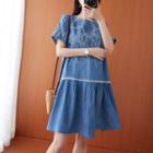 Embroidered Short-sleeve Denim A-line Dress Light Blue - One Size